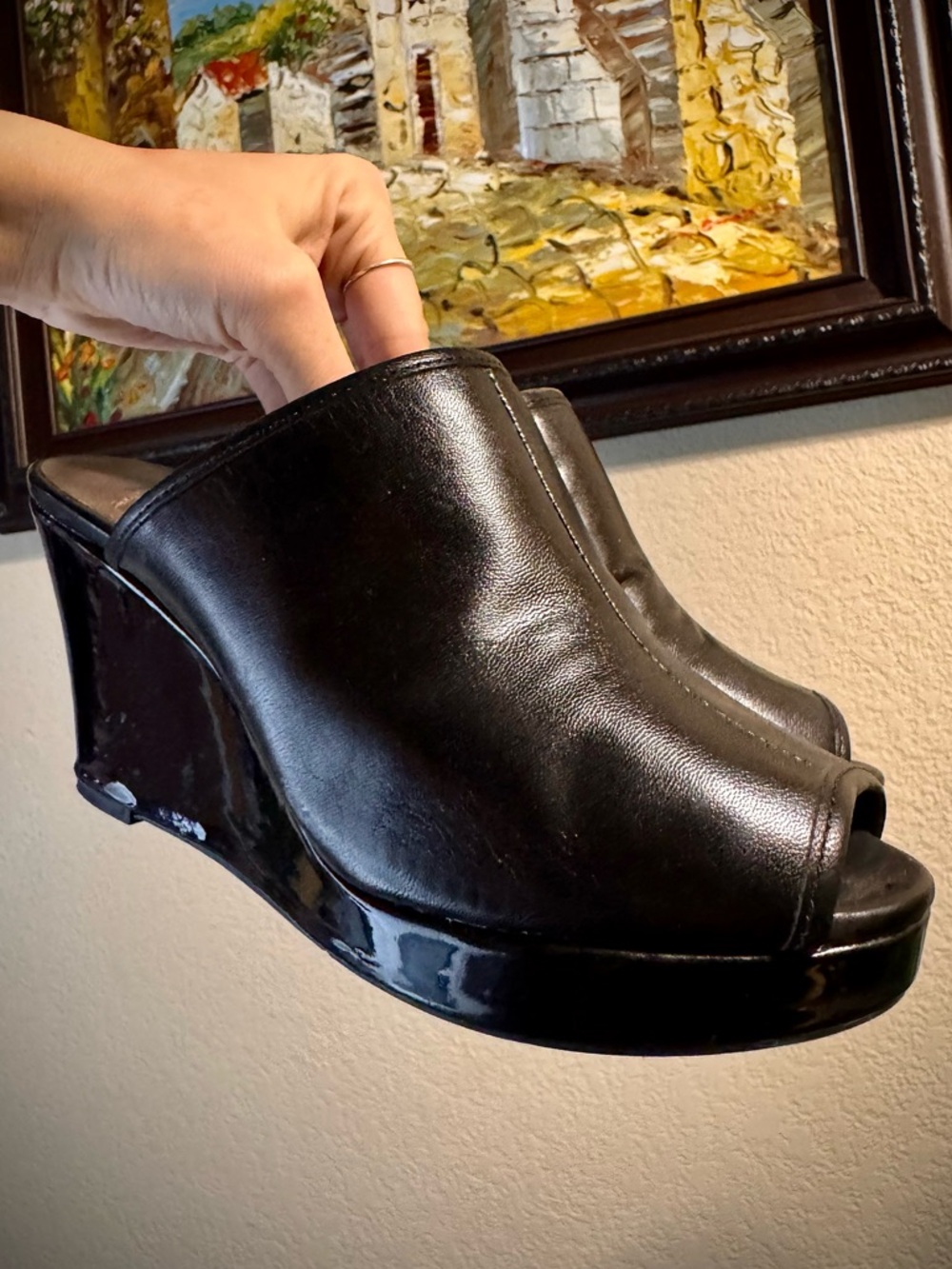 Vintage 90s Black Wedge Mules Heels 6